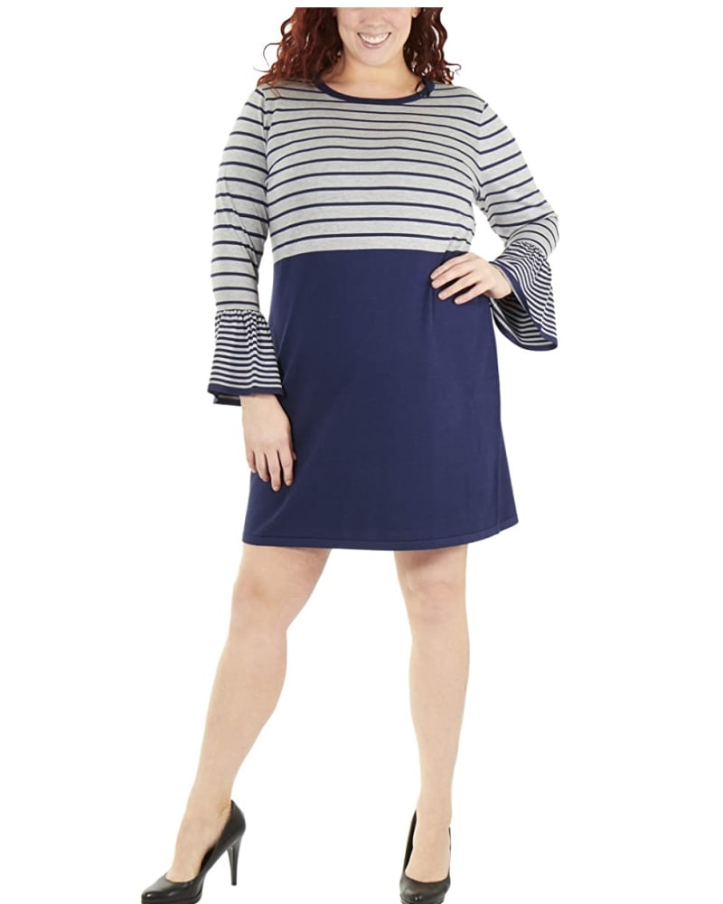 Front of a model wearing a size Petite L NY Collection Women's Plus Knit Striped Sweaterdress Blue Size Petite L in Blue by NY Collection. | dia_product_style_image_id:314552